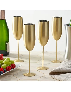 Bar Gavesæt – 4 x Champagneglas – Guldbelagt Mat Ædelstål