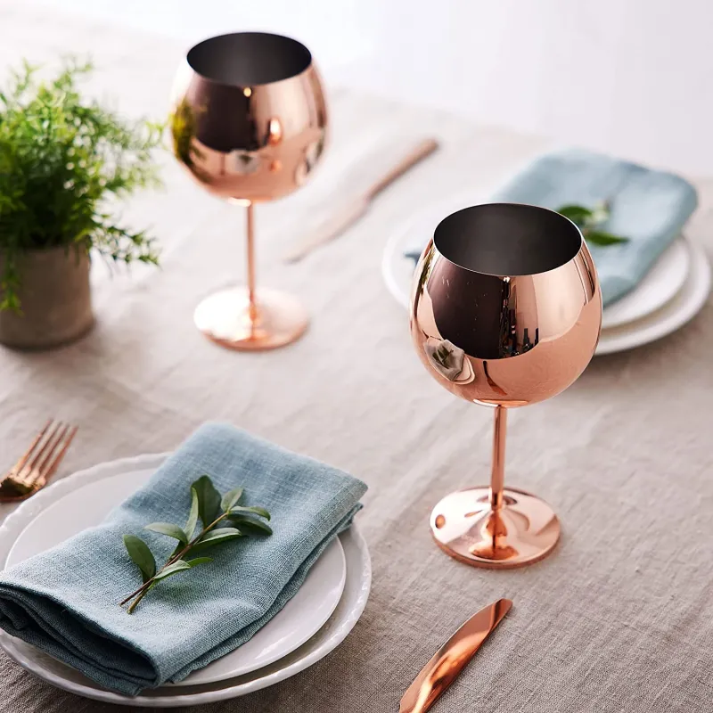 Stilfulde Gin Ballon Glas Sæt – 4 Stk. – Rosa Forgyldt Rustfrit Stål