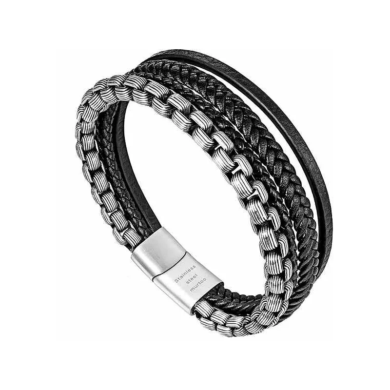 Moderne Ædelstål & Flettet Læder Herre Armbånd - Sort