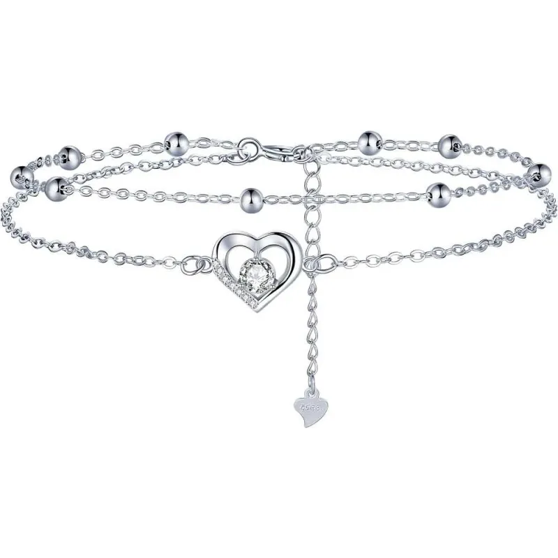 Romantisk Ankelkæde Med Hjerter – 925 Sterling Sølv – 22 + 4  cm
