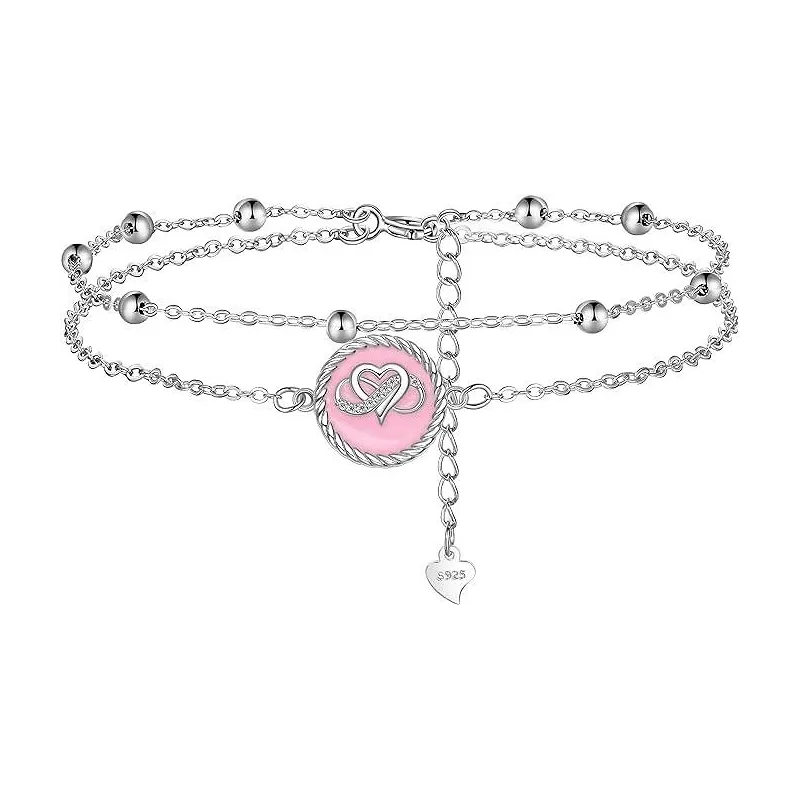 Elegant Infinity + Hjerte Ankelkæde – 925 Sterling Sølv & Lyserød Emanel