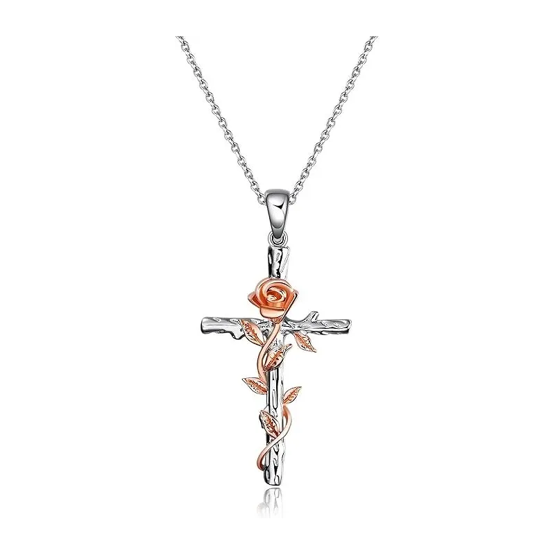 Elegant Kors Halskæde med Rose – 925 Sterling Sølv | Gaveidé