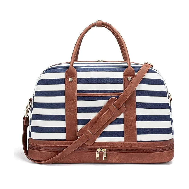 Moderne Crete Weekender Canvas Taske - Blå & Hvid med plads til Sko