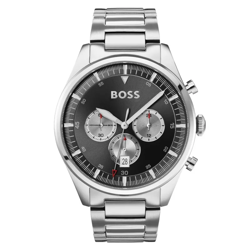 BOSS Herren Chronograph Quarz Uhr 44 mm Pioneer Collection mit Schwarzem Zifferblatt, Silbernem Edelstahlarmband, Datumsfunktion