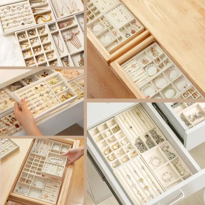 Smykke-organizer i velour med 6 stabelbare bakker