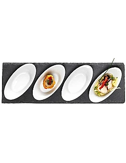 Tapas, Dip & Forrets Tallerkner – Hvidt Porcelæns Sæt I 10 Dele Inkl. Skifer Plader