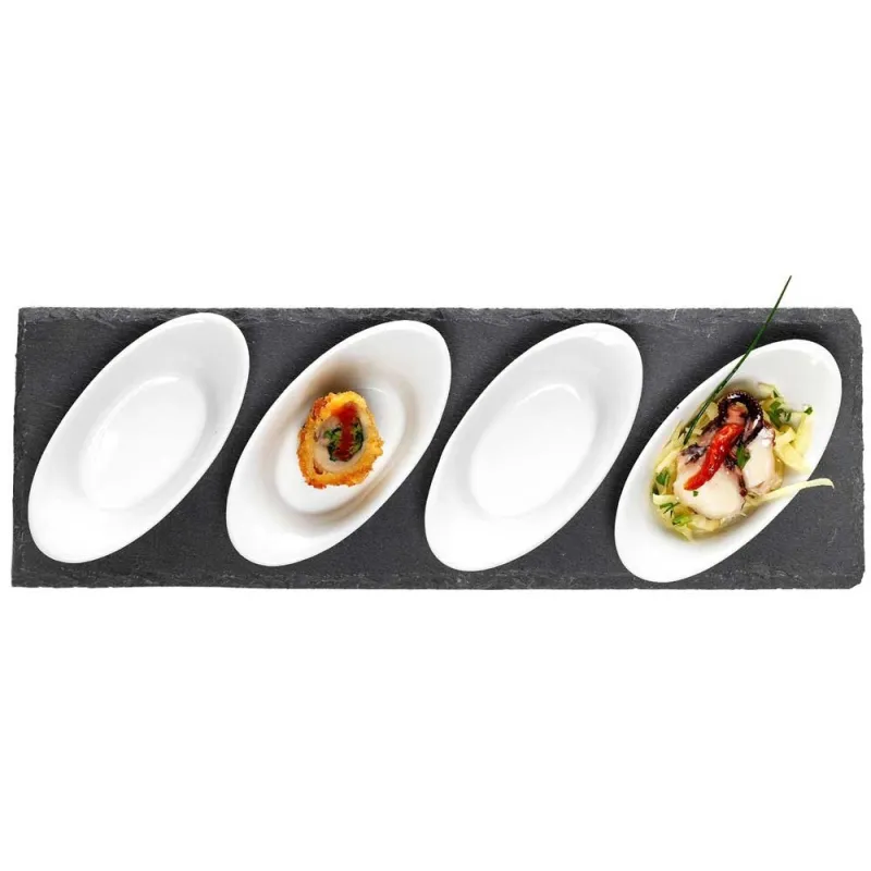Tapas, Dip & Forrets Tallerkner – Hvidt Porcelæns Sæt I 10 Dele Inkl. Skifer Plader