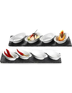 Tapas, Dip & Forrets Tallerkner – Hvidt Porcelæns Sæt I 10 Dele Inkl. Skifer Plader