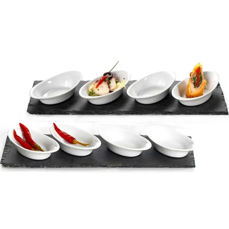 Tapas, Dip & Forrets Tallerkner – Hvidt Porcelæns Sæt I 10 Dele Inkl. Skifer Plader