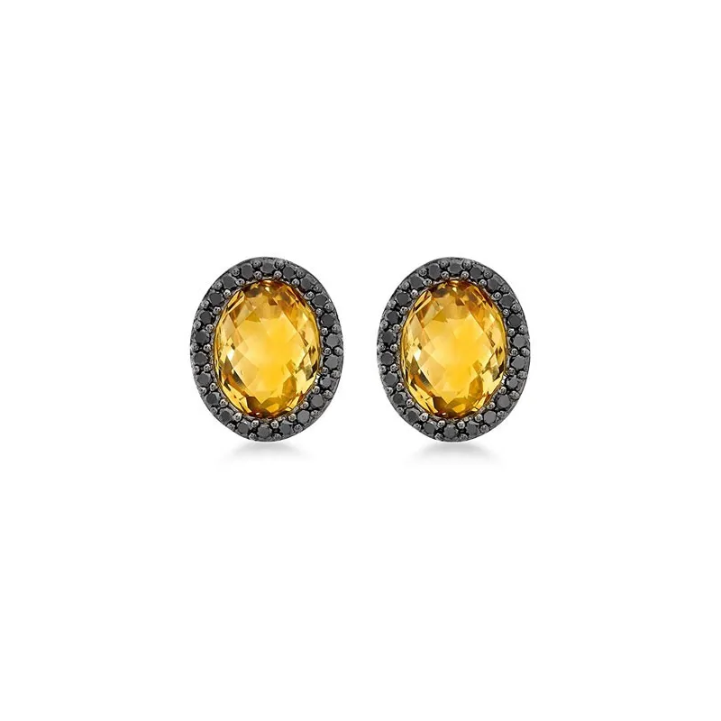 Sorte Diamant Ørestikker – 9 Karat Guld – Oval Citrin Ædelsten