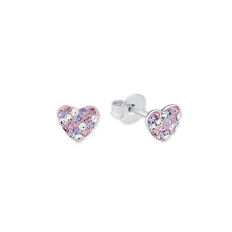 Pige Hjerte Ørestikker – 925 Sterling Sølv/ Rosa & Lilla Krystal
