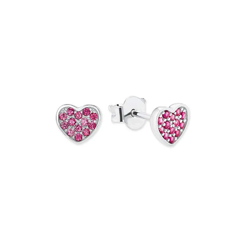 Børne Hjerte Ørestikker – 925 Sterling Sølv – Pink Zirkonia