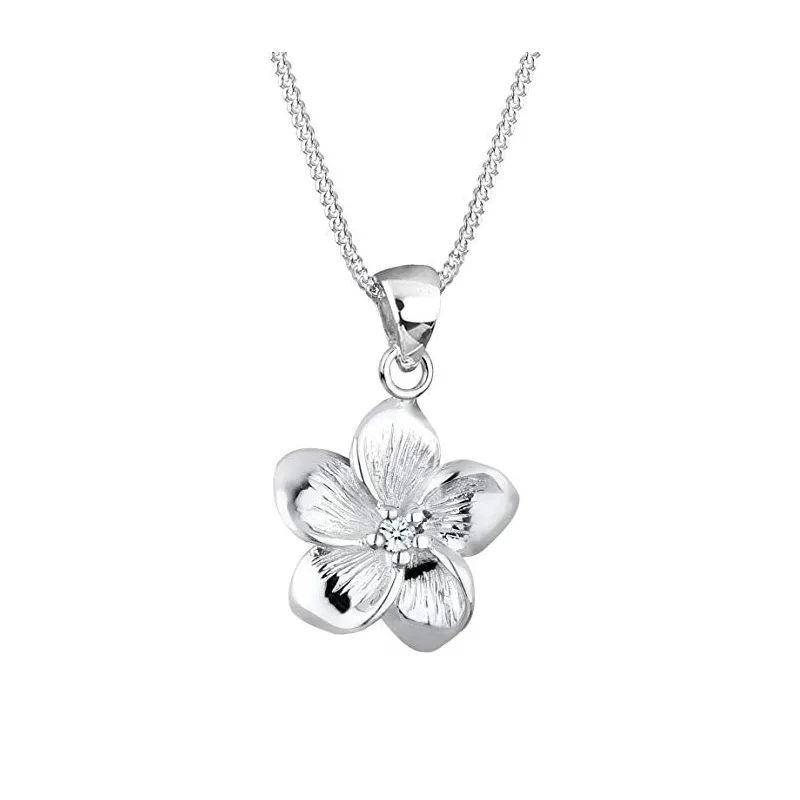 Stilfuld Frangipani Plumera Halskæde – 925 Sterling Sølv & Ægte Diamant – 45 cm.