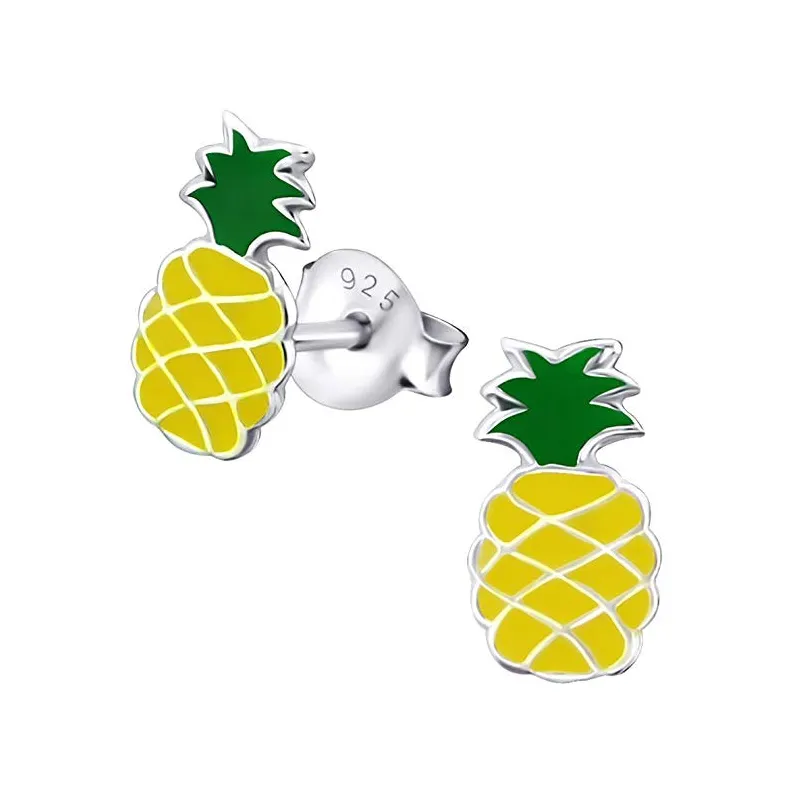 Farverige Ananas Ørestikker – 925 Sterling Sølv – 10 mm.