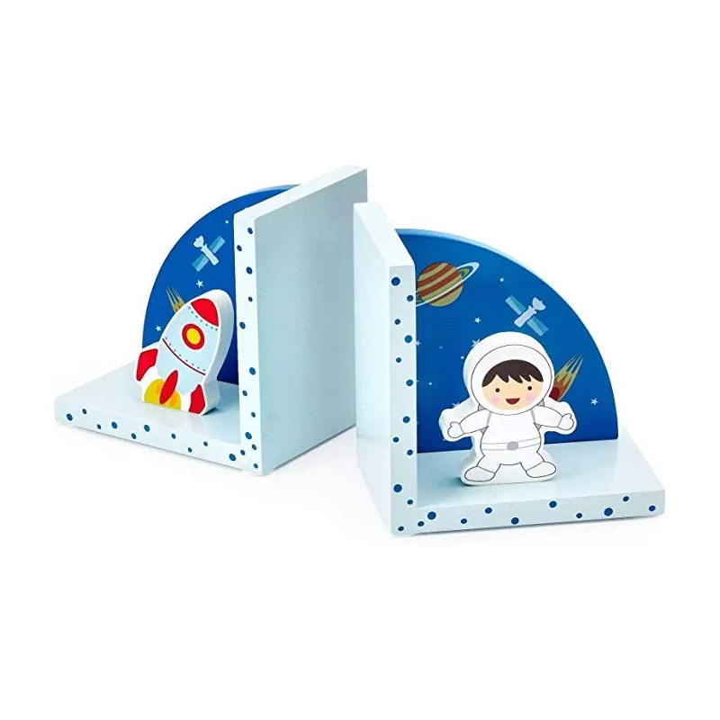 Håndmalet 3D Astronaut & Rumskibs Bogstøtter - Blå