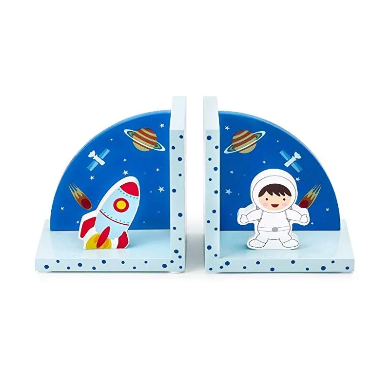 Håndmalet 3D Astronaut & Rumskibs Bogstøtter - Blå