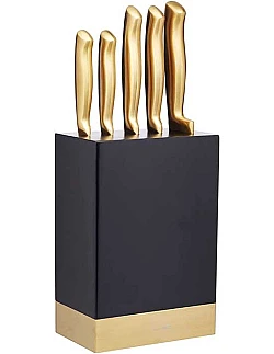 Minimalistisk Design Knivblok Sæt Inkl. 5 Køkkenknive – Guld/Sort