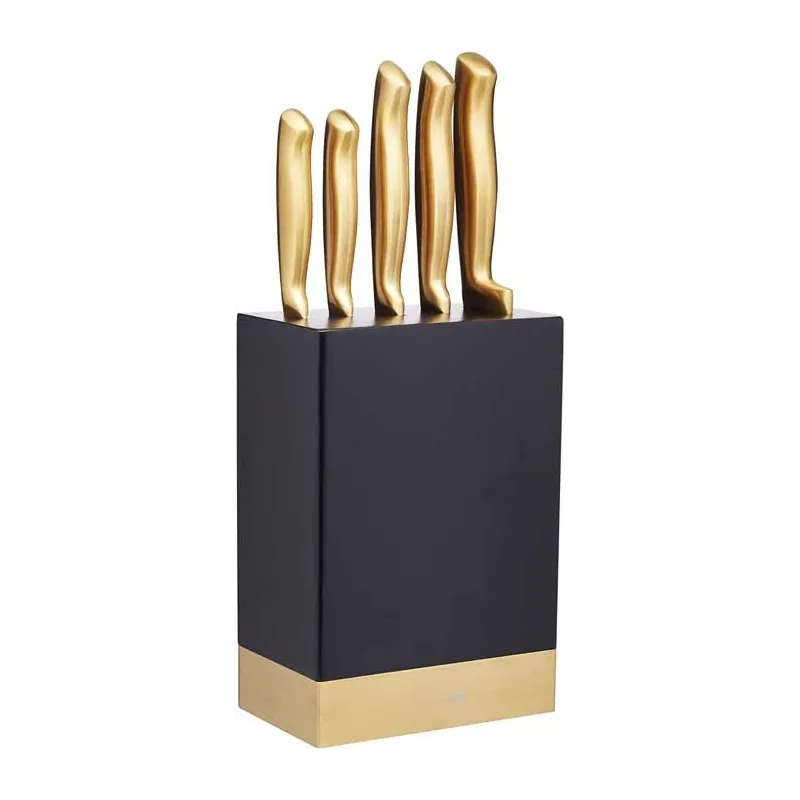 Minimalistisk Design Knivblok Sæt Inkl. 5 Køkkenknive – Guld/Sort