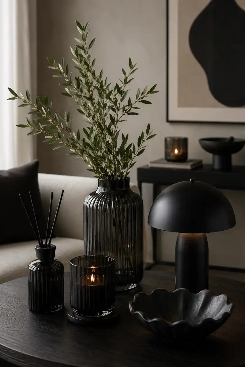 Mørk boligindretning med vase, duftlys og bordlampe – shop Black Label
